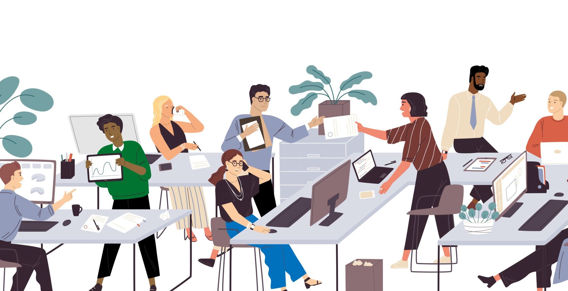 Illustration of a busy office team